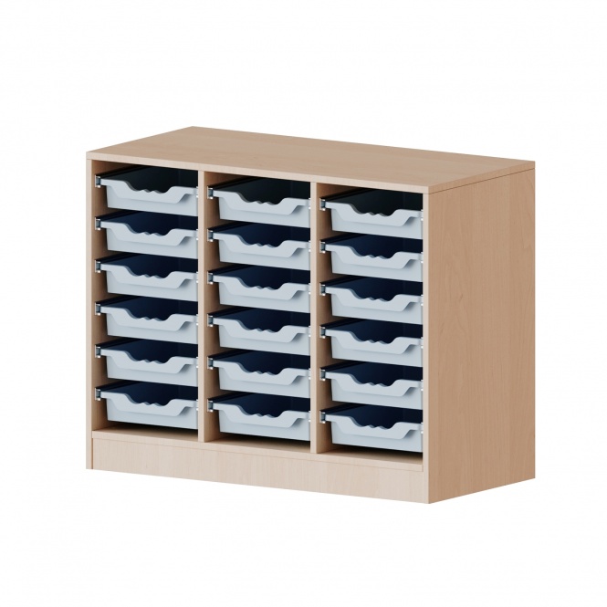 ErgoTray Regal, 3reihig, 2 OH, mit Möbelstellfüßen, 18 flache Boxen, B/H/T 104,5x82x40cm 